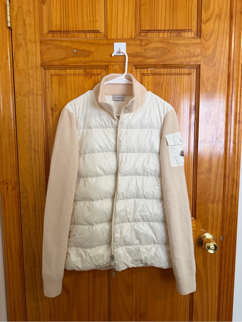 Moncler Cream Quilted Puffer Jacket with Knit Sleeves